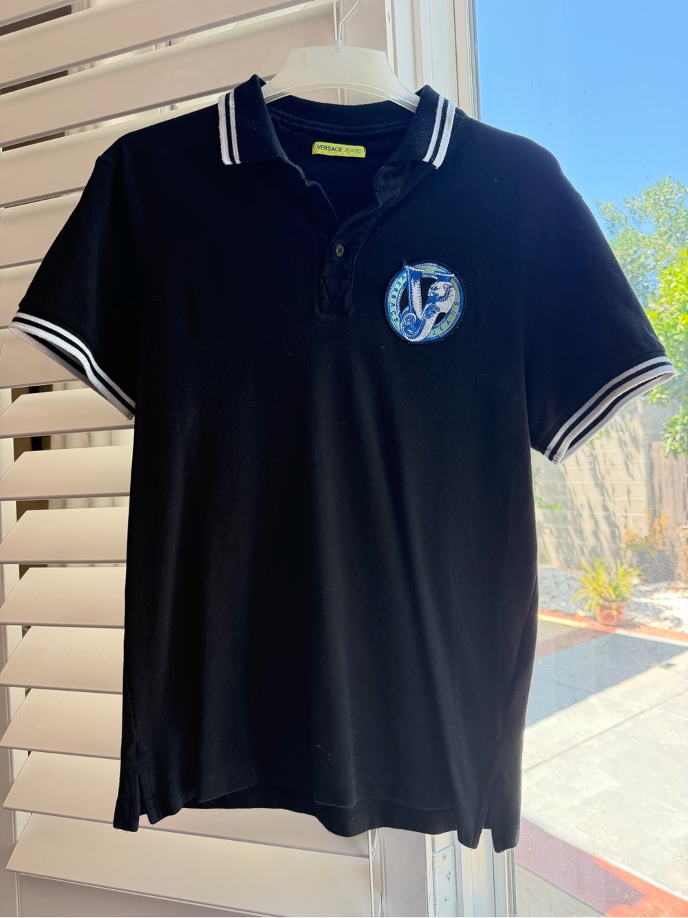 Versace Jeans Men’s Black Pique Polo Stripe Trim Patch Crest Size M